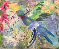 Hummingbird in mixed media painted on layers of various background colors and patterns.